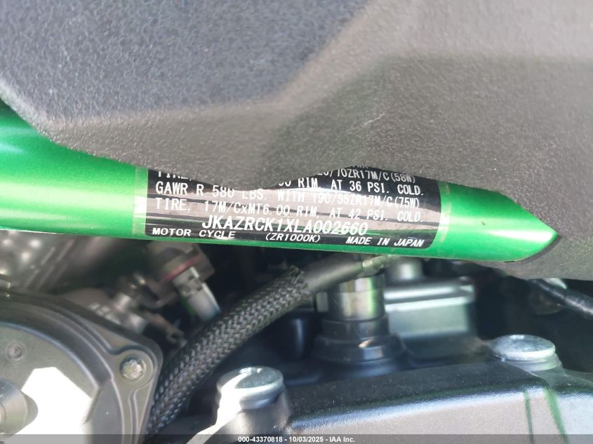 2020 Kawasaki Zr1000 K VIN: JKAZRCK1XLA002660 Lot: 43370818