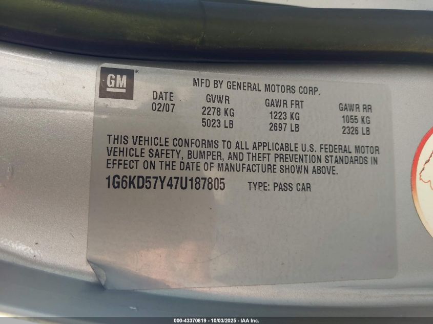 2007 Cadillac Dts Luxury I VIN: 1G6KD57Y47U187805 Lot: 43370819