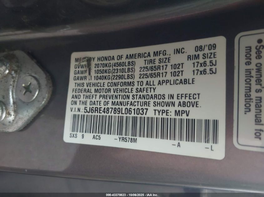 2009 Honda Cr-V Ex-L VIN: 5J6RE48789L061037 Lot: 43370823