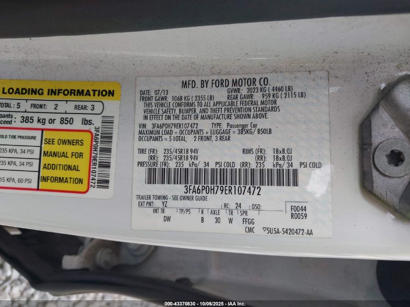 2014 Ford Fusion Se VIN: 3FA6P0H79ER107472 Lot: 43370830