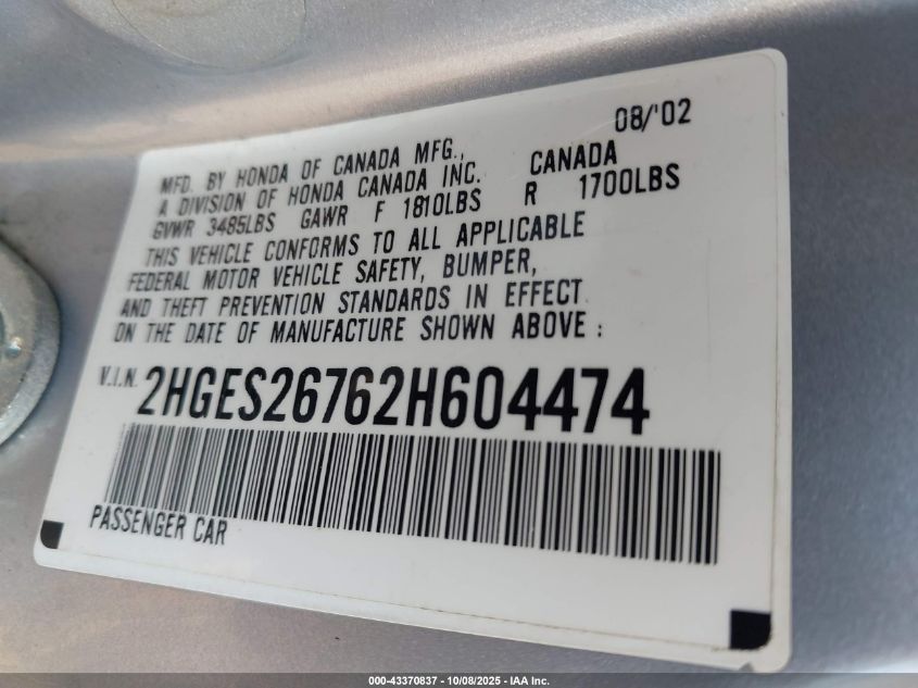 2002 Honda Civic Ex VIN: 2HGES26762H604474 Lot: 43370837