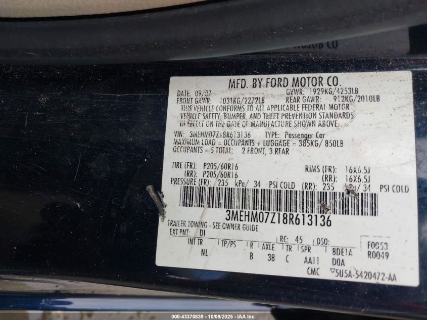 2008 Mercury Milan I4 VIN: 3MEHM07Z18R613136 Lot: 43370839