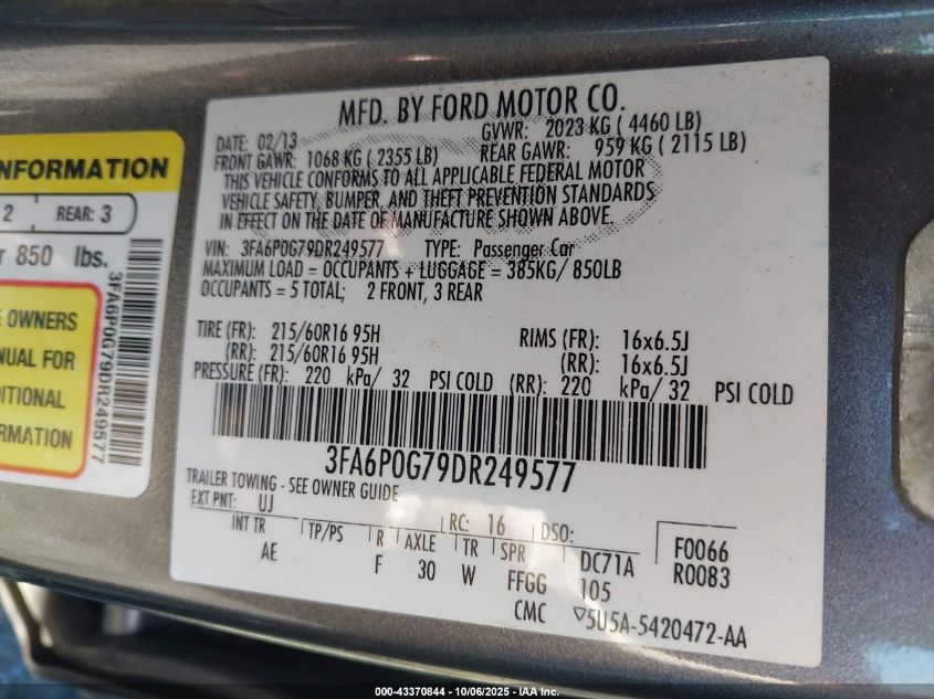 2013 Ford Fusion S VIN: 3FA6P0G79DR249577 Lot: 43370844