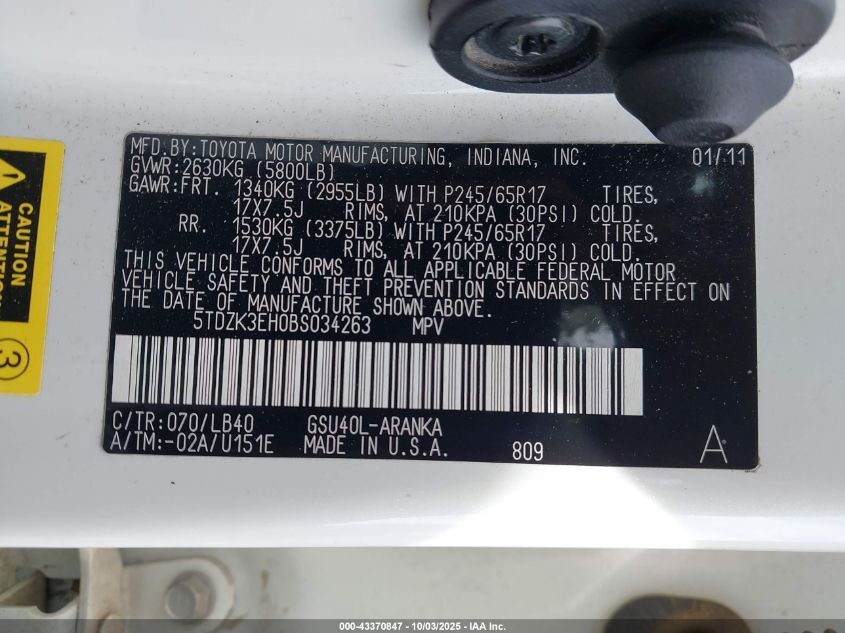 2011 Toyota Highlander Se V6 VIN: 5TDZK3EH0BS034263 Lot: 43370847