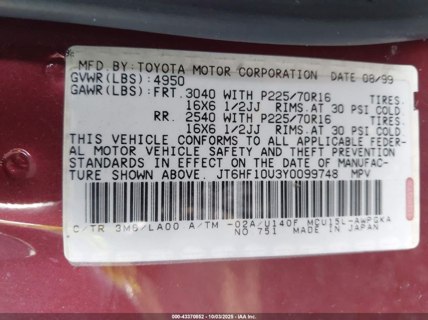 2000 Lexus Rx 300 VIN: JT6HF10U3Y0099748 Lot: 43370852