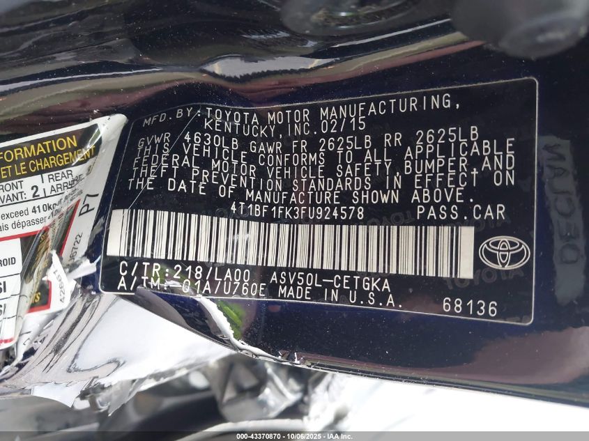 2015 Toyota Camry Xle VIN: 4T1BF1FK3FU924578 Lot: 43370870