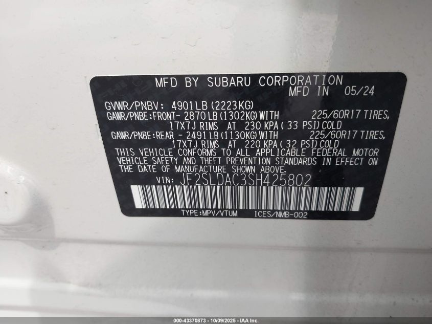 2025 Subaru Forester VIN: JF2SLDAC3SH425802 Lot: 43370873