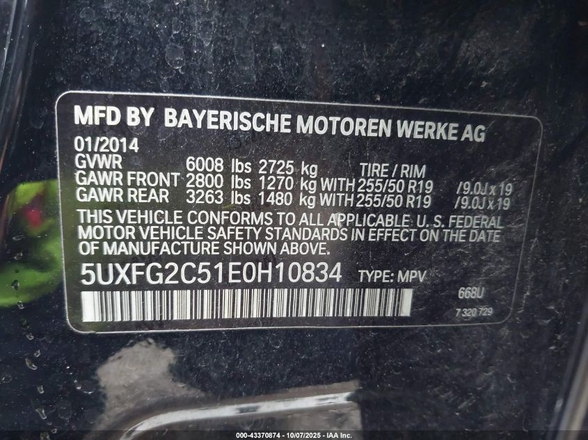 2014 BMW X6 xDrive35I VIN: 5UXFG2C51E0H10834 Lot: 43370874