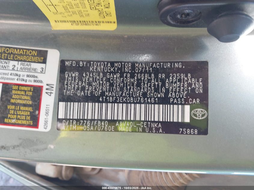 2011 Toyota Camry Le VIN: 4T1BF3EK0BU761461 Lot: 43370875