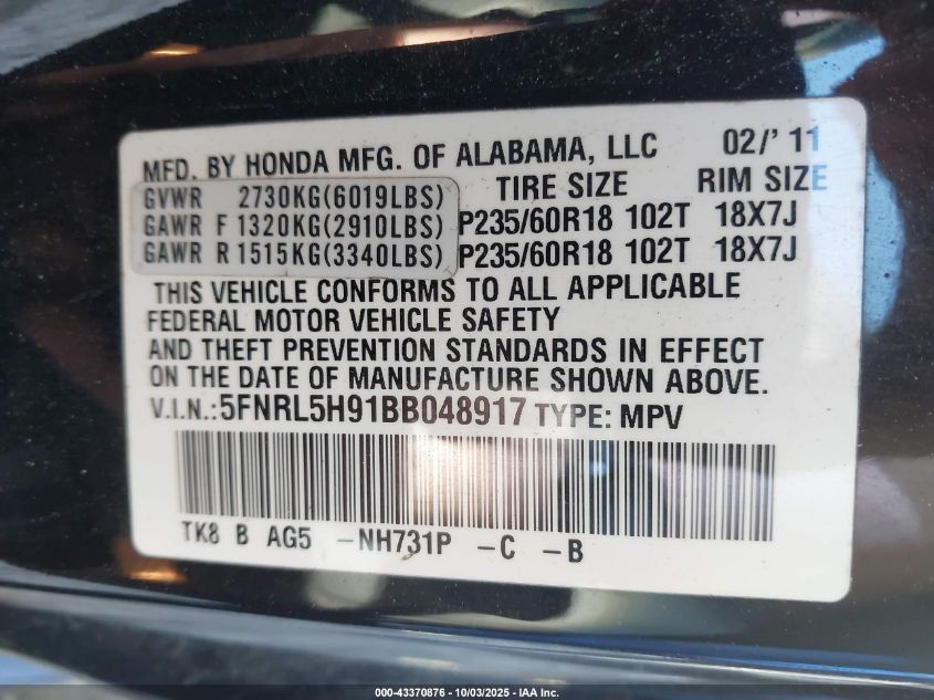 2011 Honda Odyssey Touring/Touring Elite VIN: 5FNRL5H91BB048917 Lot: 43370876