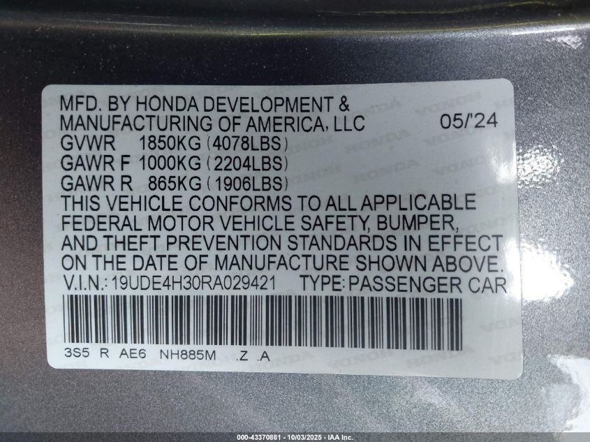 2024 Acura Integra A-Spec VIN: 19UDE4H30RA029421 Lot: 43370881