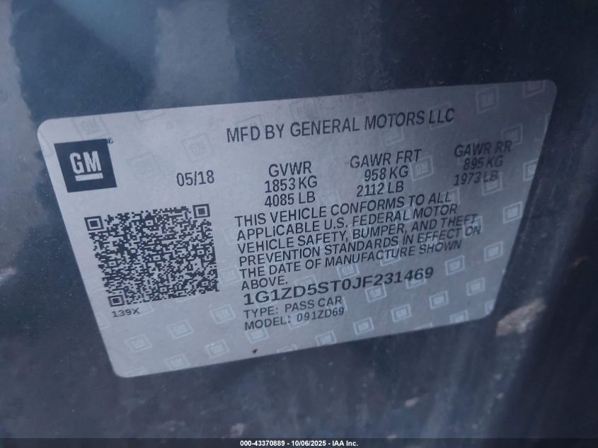 2018 Chevrolet Malibu Lt VIN: 1G1ZD5ST0JF231469 Lot: 43370889