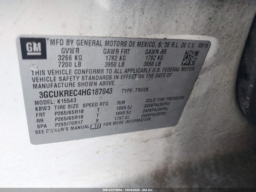 2017 Chevrolet Silverado 1500 2Lt VIN: 3GCUKREC4HG187043 Lot: 43370894