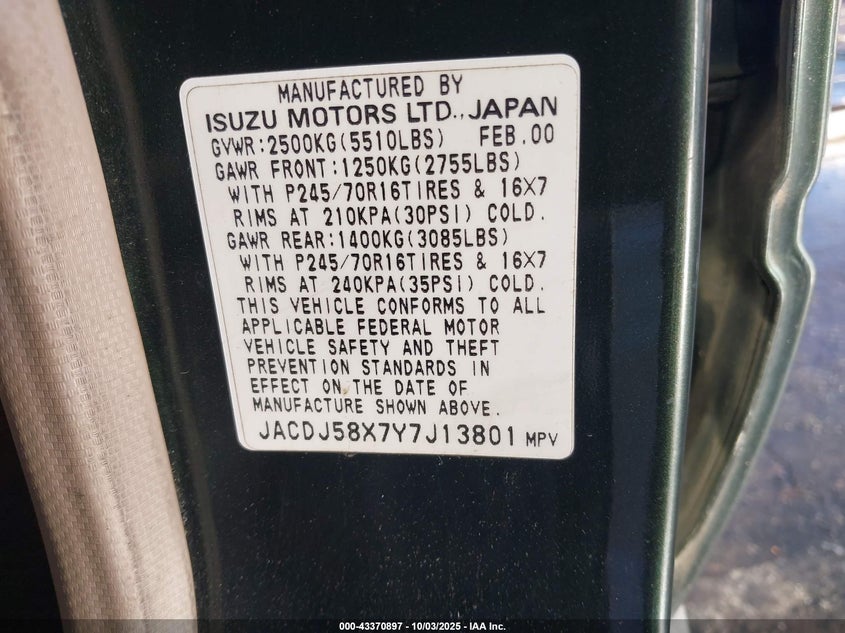 2000 Isuzu Trooper Limited/Ls/S VIN: JACDJ58X7Y7J13801 Lot: 43370897