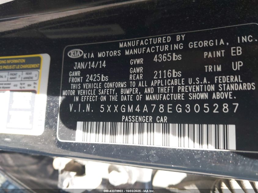 2014 Kia Optima Lx VIN: 5XXGM4A78EG305287 Lot: 43370903