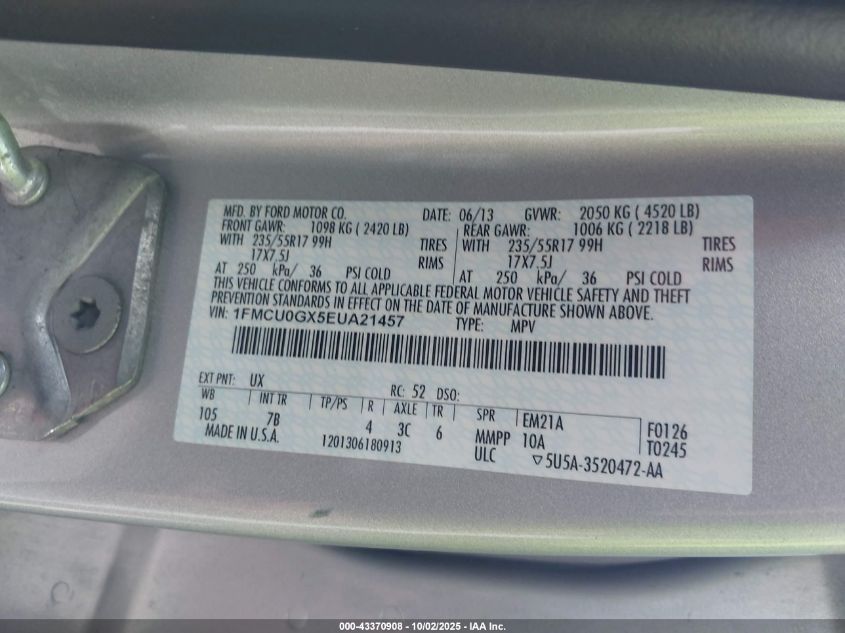 2014 Ford Escape Se VIN: 1FMCU0GX5EUA21457 Lot: 43370908