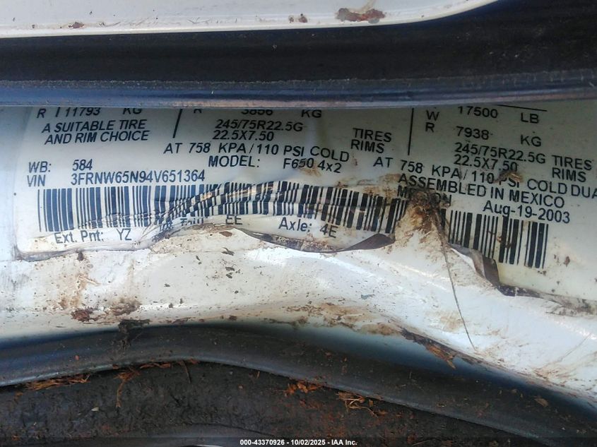 2004 Ford F-650 Xl/Xlt VIN: 3FRNW65N94V651364 Lot: 43370926
