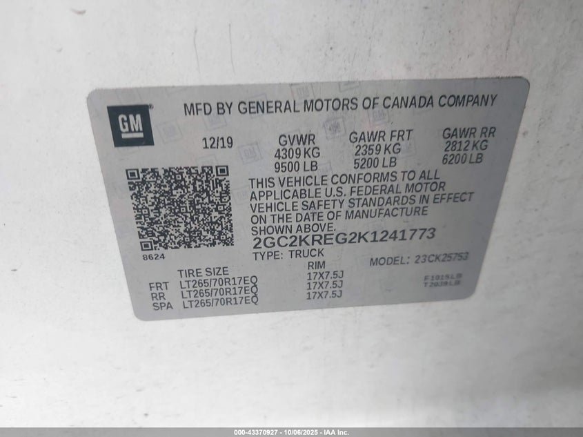 2019 Chevrolet Silverado 2500Hd Wt VIN: 2GC2KREG2K1241773 Lot: 43370927