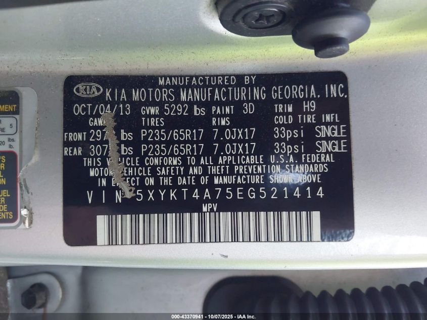 2014 Kia Sorento Lx V6 VIN: 5XYKT4A75EG521414 Lot: 43370941