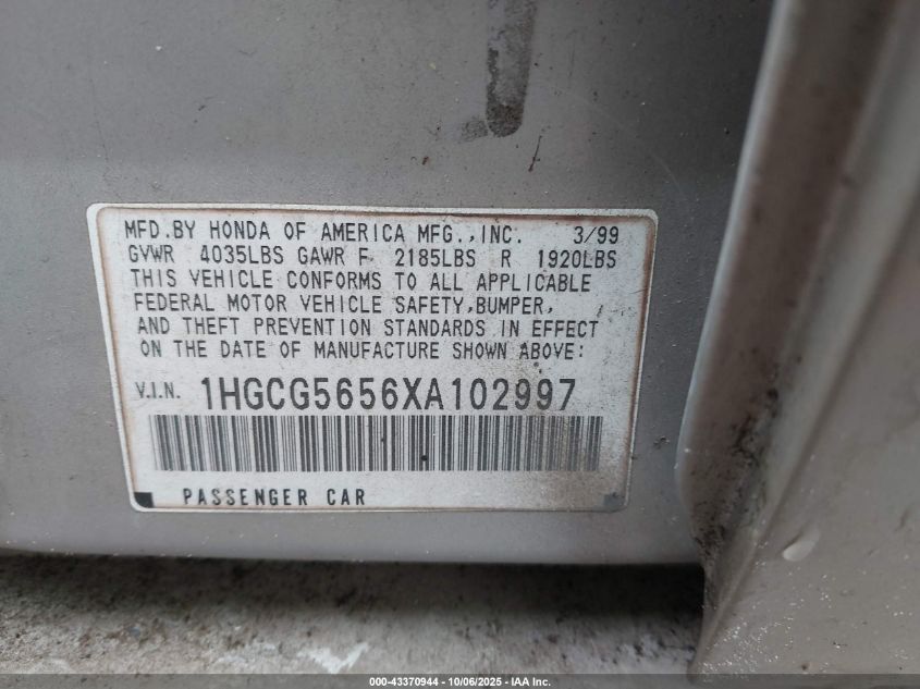 1999 Honda Accord Ex VIN: 1HGCG5656XA102997 Lot: 43370944
