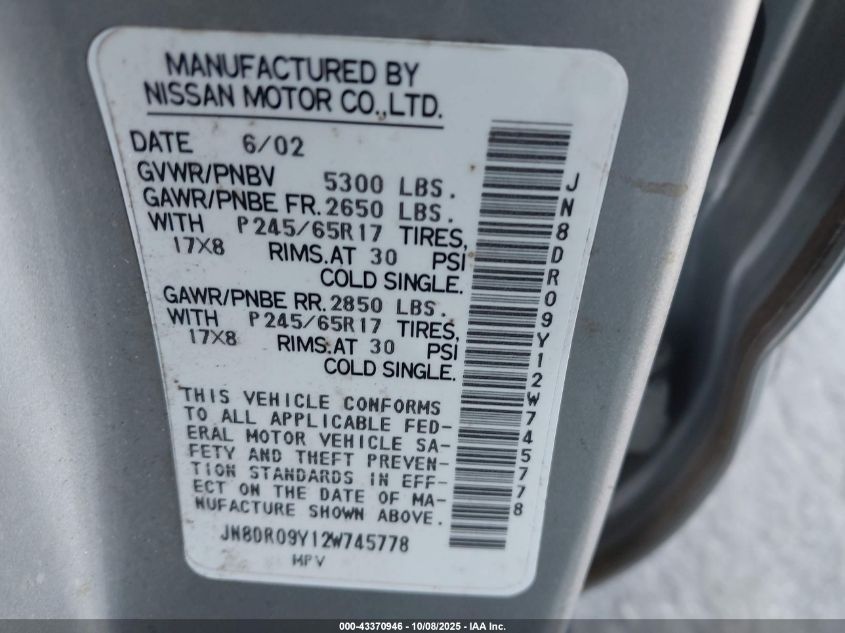 2002 Nissan Pathfinder Le/Se VIN: JN8DR09Y12W745778 Lot: 43370946