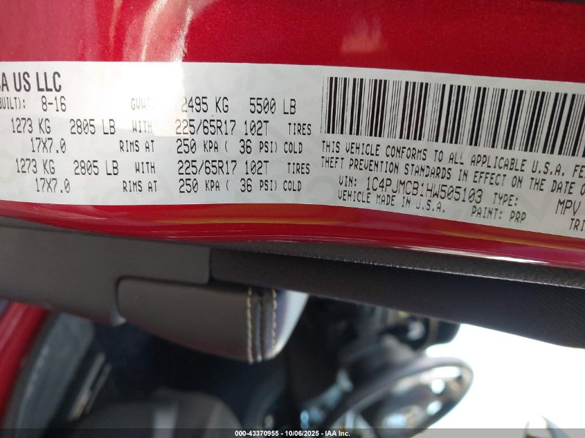 2017 Jeep Cherokee Latitude 4X4 VIN: 1C4PJMCB1HW505103 Lot: 43370955