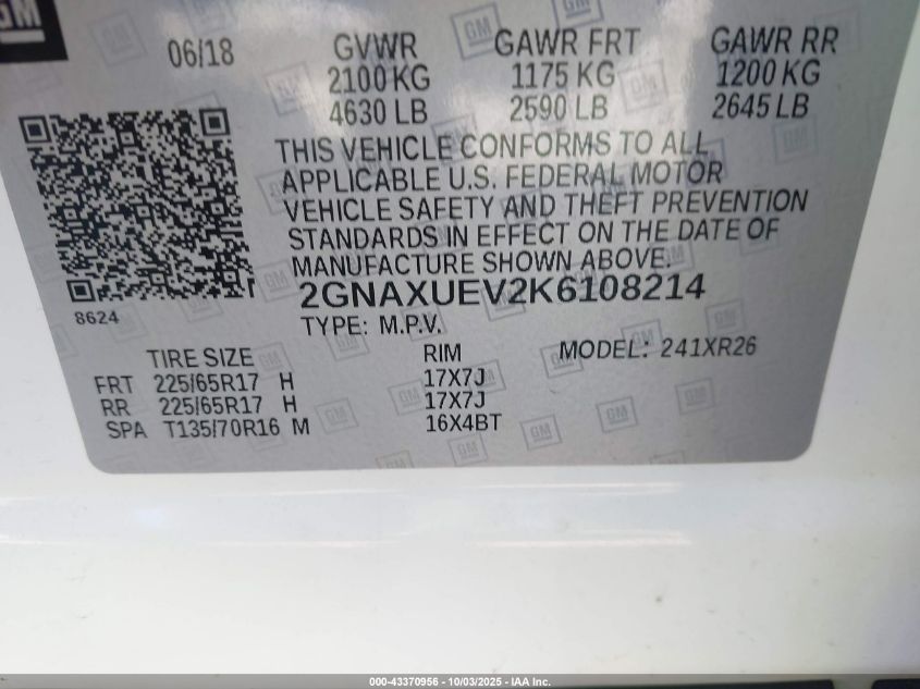 2019 Chevrolet Equinox Lt VIN: 2GNAXUEV2K6108214 Lot: 43370956