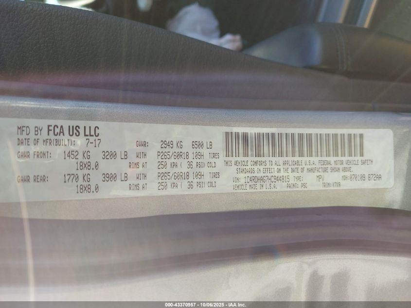 2017 Dodge Durango Sxt Rwd VIN: 1C4RDHAG7HC944815 Lot: 43370957