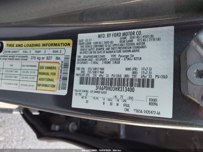 3FA6P0HD3HR313400 2017 FORD FUSION photo no. 9