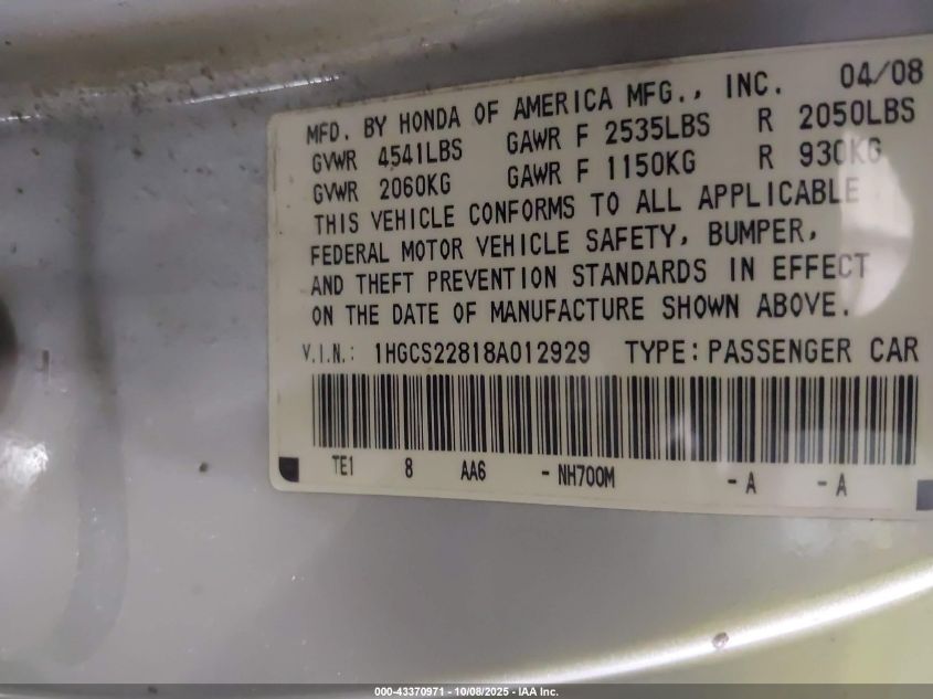 2008 Honda Accord 3.5 Ex-L VIN: 1HGCS22818A012929 Lot: 43370971