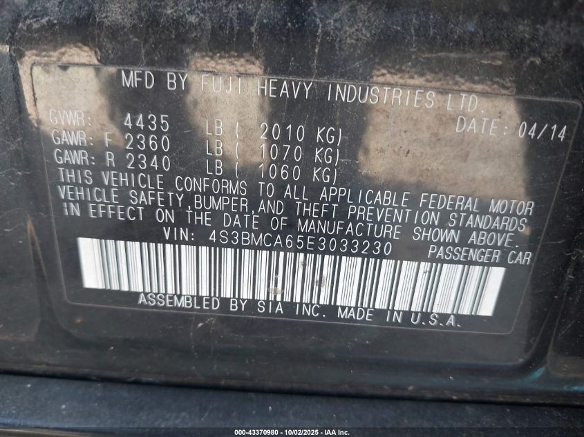 2014 Subaru Legacy 2.5I VIN: 4S3BMCA65E3033230 Lot: 43370980