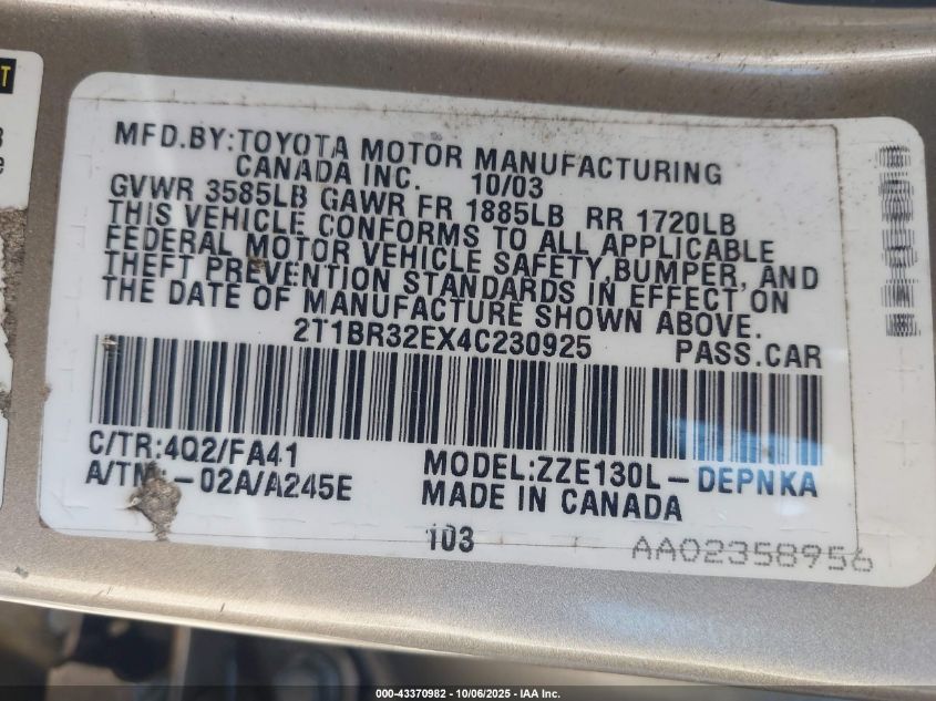 2004 Toyota Corolla Le VIN: 2T1BR32EX4C230925 Lot: 43370982