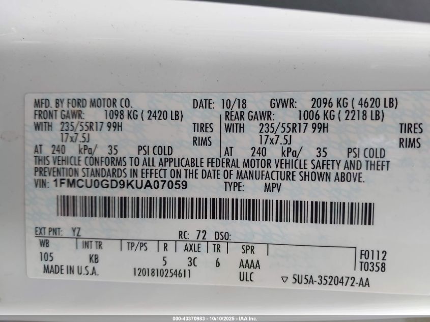 2019 Ford Escape Se VIN: 1FMCU0GD9KUA07059 Lot: 43370983