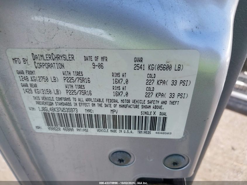 2007 Jeep Liberty Sport VIN: 1J8GL48K37W535973 Lot: 43370996