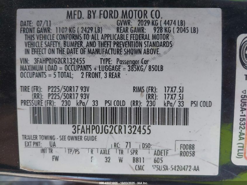 2012 Ford Fusion Sel VIN: 3FAHP0JG2CR132455 Lot: 43371005