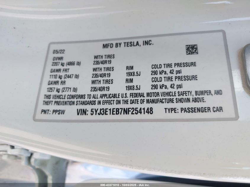 2022 Tesla Model 3 Long Range Dual Motor All-Wheel Drive VIN: 5YJ3E1EB7NF254148 Lot: 43371010