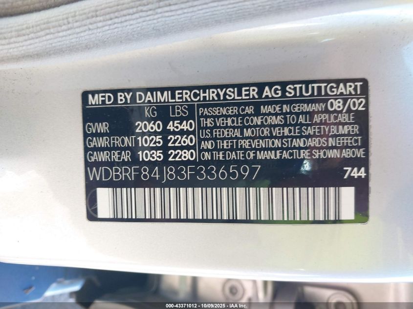 2003 Mercedes-Benz C 320 Sport VIN: WDBRF84J83F336597 Lot: 43371012