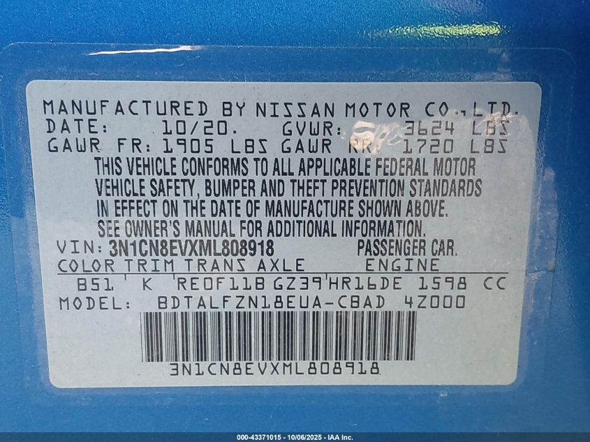 2021 Nissan Versa Sv Xtronic Cvt VIN: 3N1CN8EVXML808918 Lot: 43371015