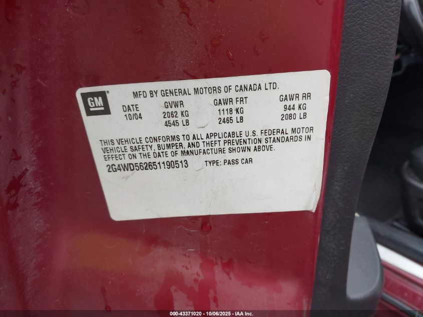 2005 Buick Lacrosse Cxl VIN: 2G4WD562651190513 Lot: 43371020