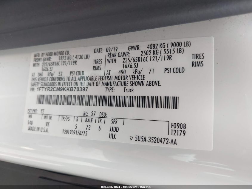 2019 Ford Transit-250 VIN: 1FTYR2CM9KKB70397 Lot: 43371024