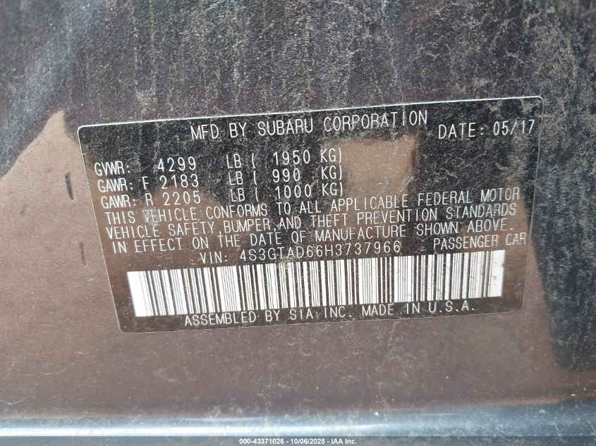 2017 Subaru Impreza 2.0I Premium VIN: 4S3GTAD66H3737966 Lot: 43371026