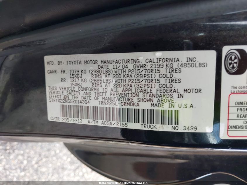 2005 Toyota Tacoma VIN: 5TETX22N55Z014304 Lot: 43371030