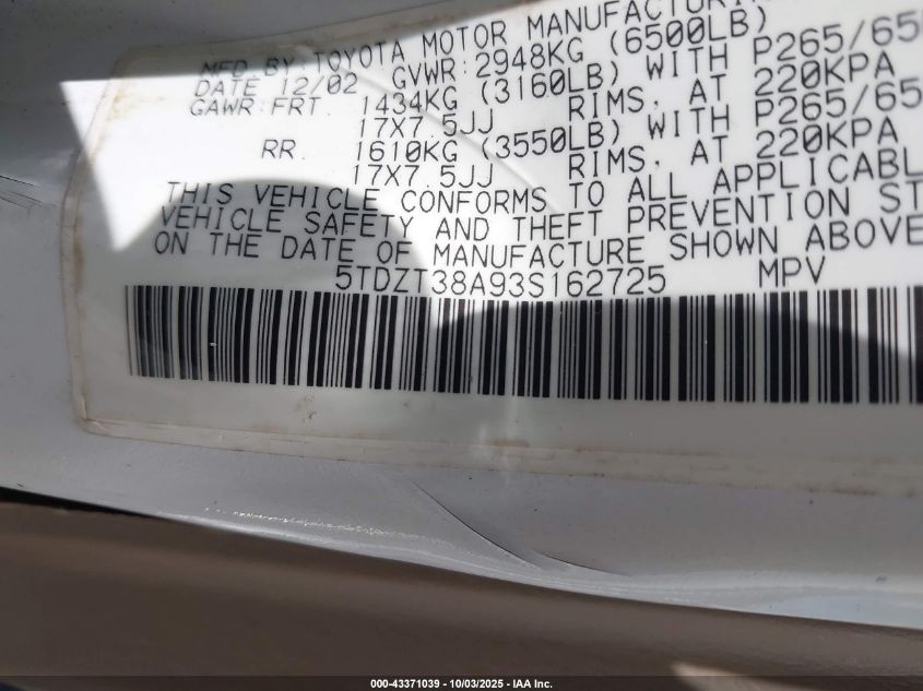 2003 Toyota Sequoia Limited V8 VIN: 5TDZT38A93S162725 Lot: 43371039
