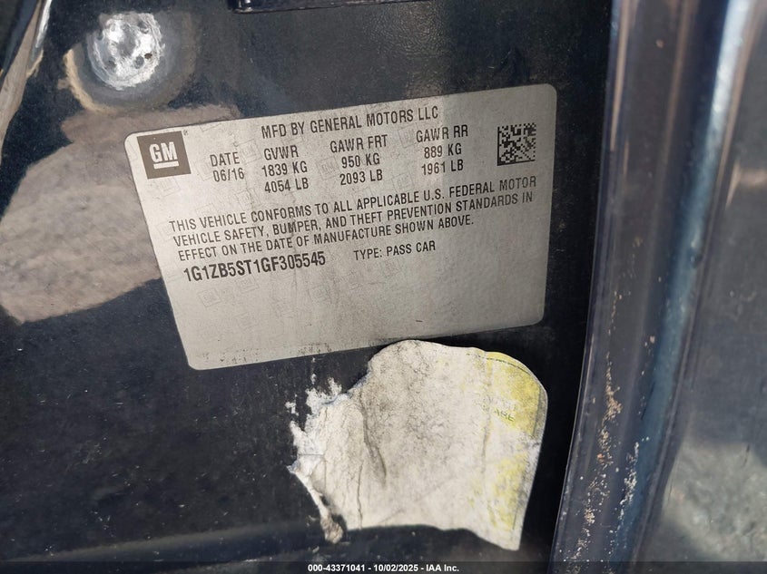 2016 Chevrolet Malibu Ls VIN: 1G1ZB5ST1GF305545 Lot: 43371041