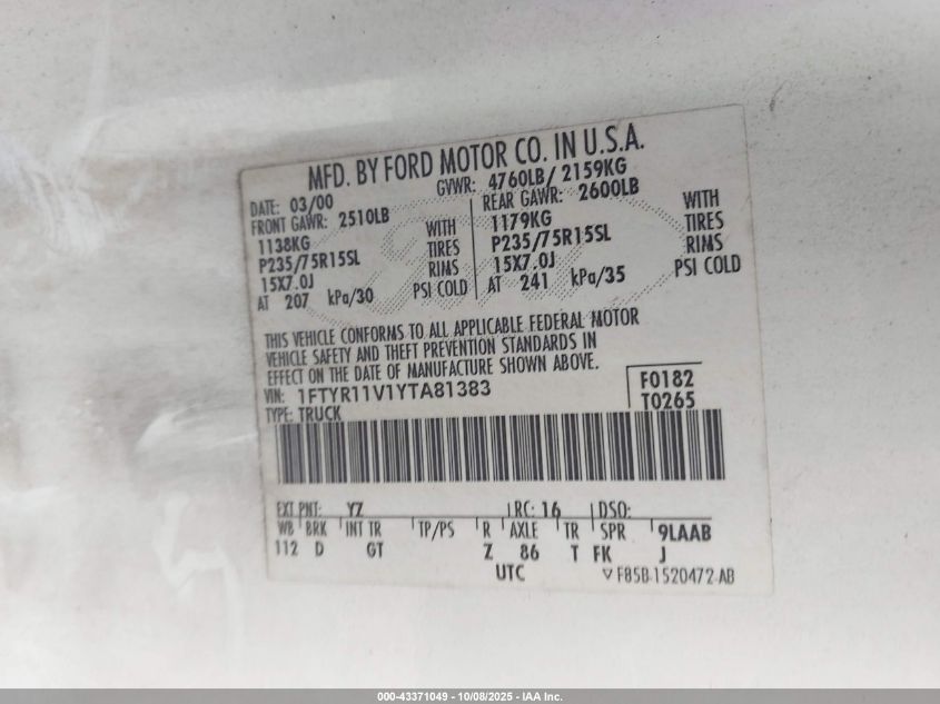 2000 Ford Ranger Xl/Xlt VIN: 1FTYR11V1YTA81383 Lot: 43371049