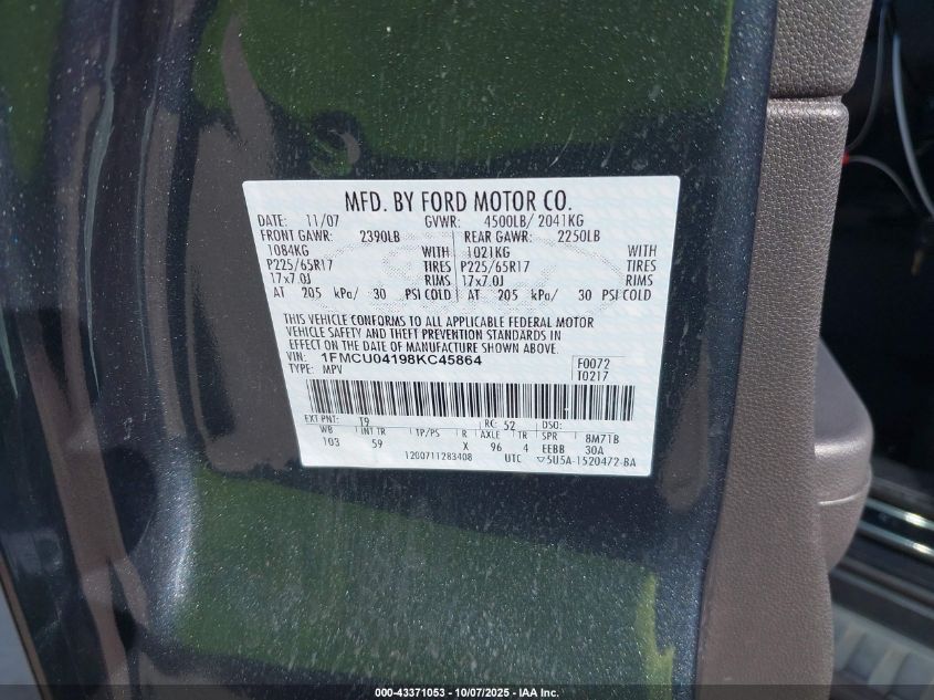 2008 Ford Escape Limited VIN: 1FMCU04198KC45864 Lot: 43371053