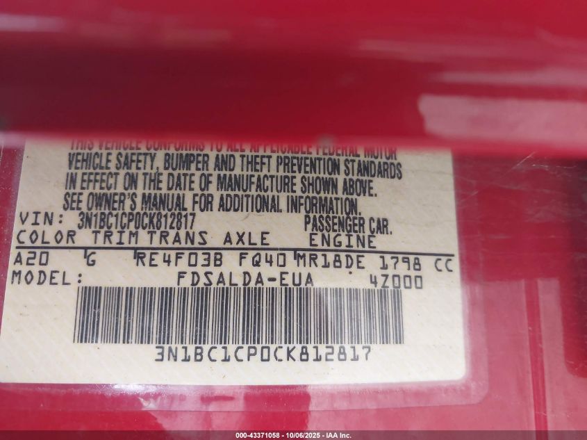 2012 Nissan Versa 1.8 S VIN: 3N1BC1CP0CK812817 Lot: 43371058