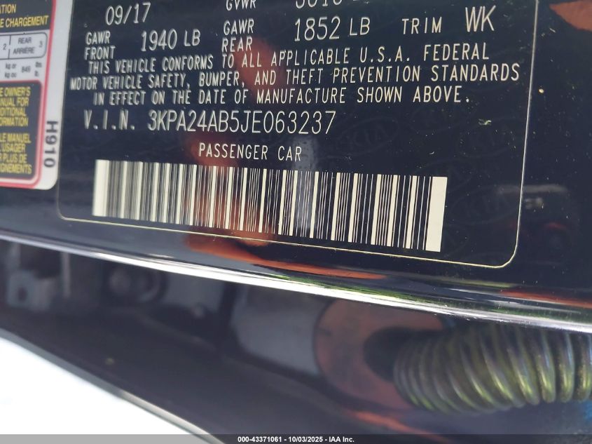 2018 Kia Rio Lx VIN: 3KPA24AB5JE063237 Lot: 43371061