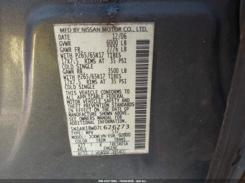 2007 Nissan Pathfinder Le VIN: 5N1AR18W07C626273 Lot: 43371062