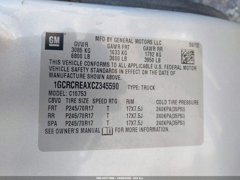 2012 Chevrolet Silverado 1500 Ls VIN: 1GCRCREAXCZ345590 Lot: 43371066